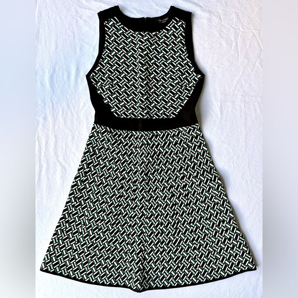 WHBM Dress XS Petite Fit & Flare Sleeveless Black White Green Geometric Print